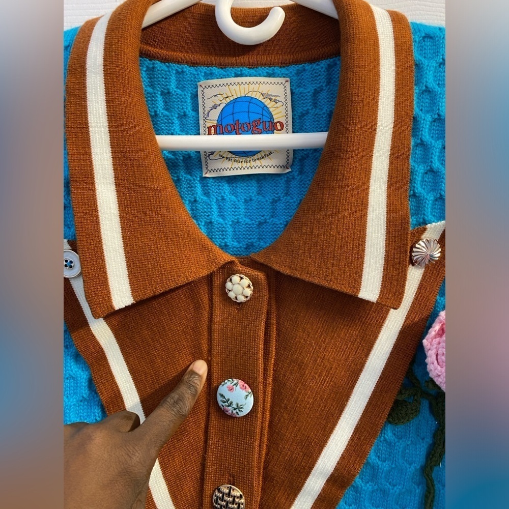 Motoguo Mr.Rogers Lake Blue & Brown Button Up Knit Sweater Oversized S/M - Picture 10 of 10